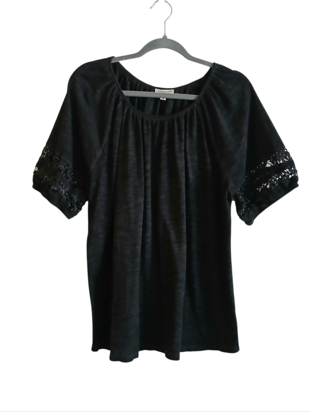 Earthbound Trading Co Crochet Puff Sleeve Top Women's XXL Gray Stretch Boho